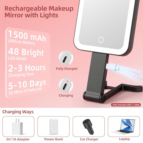 Travel Makeup Mirror with Lights, 1500mAh Rechargeable, Double-Sided 10X/1X Magnification, 3 Color Lighting, Smart Touch Dimming, Precision Tweezers, Lighted Mirror for Desk, Trip, Home, Office, Black