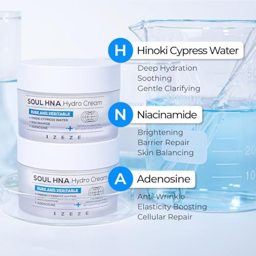 IZEZE Soul HNA Hydro Cream 1.69 fl.oz, 50 ml | Hyaluronic Acid Moisturizer Face Cream, Adenosine Facial Cream, Cypress Water, Korean Skincare for Dry Skin, Hydrating Cypress Extract