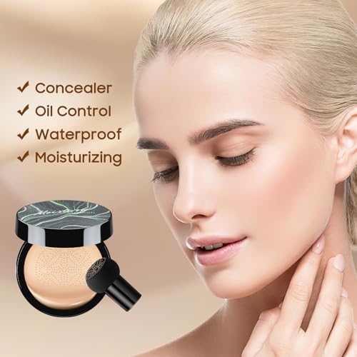 Mushroom Head Air Cushion CC Cream - Tattoo Cover up BB Cream Face Makeup Foundation, Moisturizing Concealer Brighten Long-Lasting, Even Skin Tone for All Skin Types (Natural)