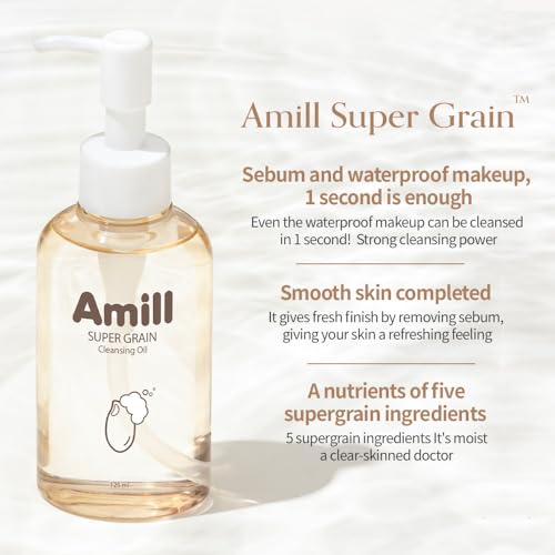 Amill Super Grain Cleansing Oil (125ml/4.23fl.oz) - Gentle Daily Oil Cleanser with 6 Grain Extracts for Hydrating & Nourishing Skin