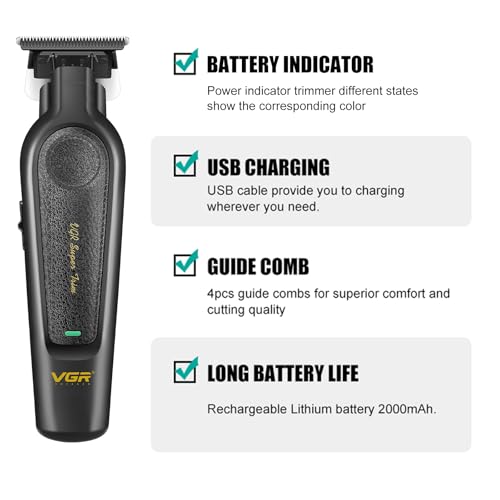 VGR 995 Professional Hair Trimmer for Men, Zero Gapped Barber Edgers, Portable Cordless Mens Beard Trimmer Clipper with 4 Guide Combs, USB Rechargeable