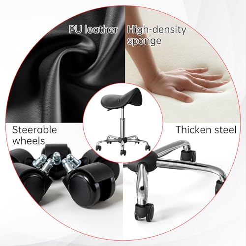 CLORIS Saddle Rolling Stool Hold up to 400 LBS Height Adjustable Swivel Chair Metal Feet with Wheels for Spa, Massage, Salon, Home, Office, Medical, Tatoo, Bar Black