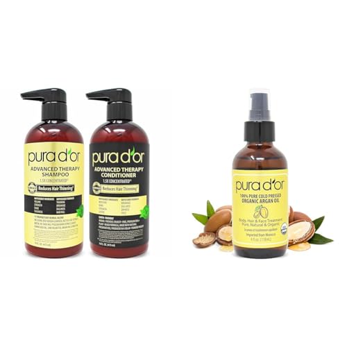PURA D'OR Anti-Thinning Advanced Therapy Biotin Shampoo & Conditioner Hair Care Set & Organic Moroccan Argan Oil (4oz / 118mL) USDA Certified 100%