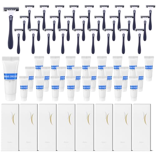 Hushee Shave Kit Bulk Travel Shaving Cream Disposable Twin Blade Razors and Cream Individually Wrapped Smooth Razor with Clear Cap Toiletries for Hotel Shelter Camping Travel Homeless (150)