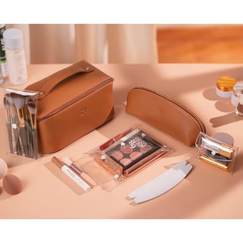 Travel Makeup Bag Waterproof Open Flat with Compartments, Large & Small Makeup Bag Organizer, PU Leather Toiletry Bag for Women, Cosmetic Bag, Make up Case Pouch, Make up Bags (5 Pieces Set)