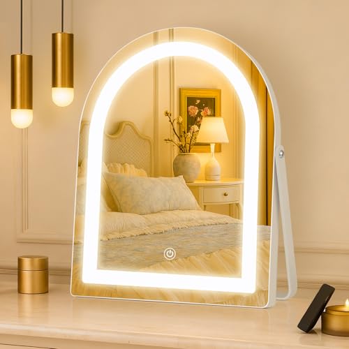 12 Inch LED Vanity Makeup Mirror with Lights, Metal Frame Lighted Tabletop Mirror with 3 Color Dimmable Touch Control, 360¡Æ Rotation Perfect for Desk or Dressing Room