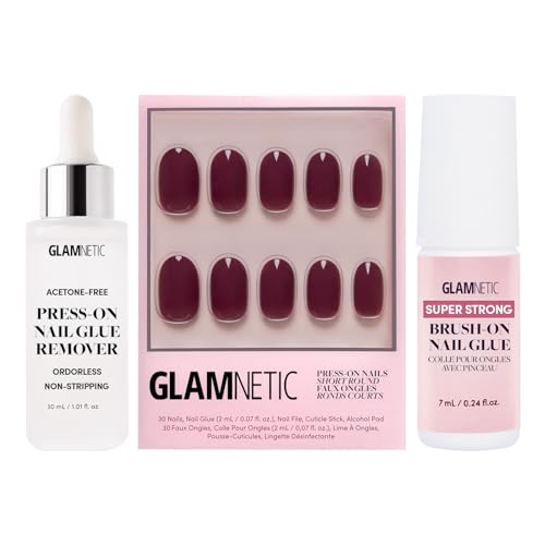 Glamnetic Press-On Nails - Berry Maroon | Super Strong Brush On Nail Glue & Press-On Nail Remover | Opaque Dark Red Maroon Short Round False Nails | Reusable Nail Kit with Glue & Remover