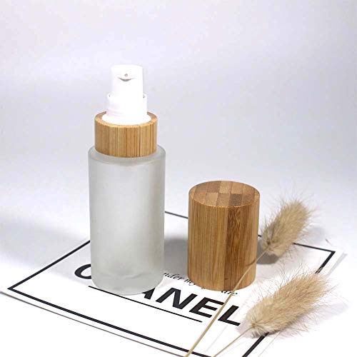 Frosted Glass Lotion Bottle,2 Pack Cosmetic Cream Bottles With Bamboo Lid Empty Travel Spray Bottles Pump Dispenser For Essential Oil Emulsion Essence Liquid (100ml)