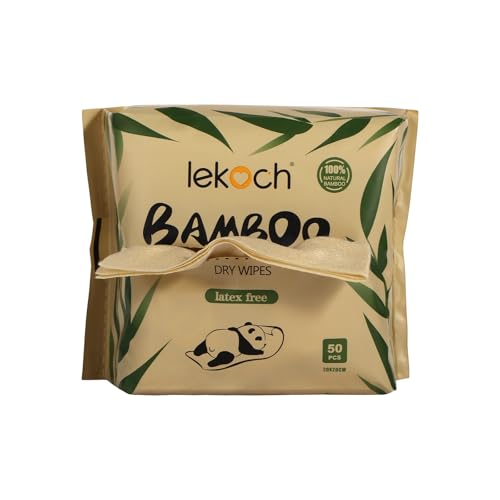 LEKOCH Bamboo Dry Wipes - 100% Biodegradable & Hypoallergenic | Makeup Remover & Baby Wipes | 1 Packs (50 Count, 8x8 Inches) | Ultra Soft for Wet/Dry Use