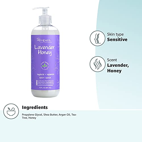 RENPURE Plant-Based Organic Natural Lavender Body Wash, Manuka Honey & Coconut Oil for Body ? Sulfate Free, Moisturizing Shower Gel & Sensitive Skin Body Wash with Pump for Women, 19 Ounce