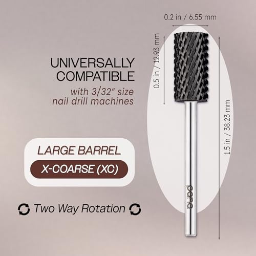 PANA Professional 3/32" Shank Size - Flat Top Large Barrel Carbide Bit - Nail Drill Bit for Dremel Machine (Silver, Gold, DLC Black) (Extra Coarse, DLC Black)