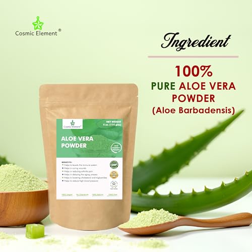 Cosmic Element Organic Aloe Vera Powder - 100% Pure Leaf Gel | Hydrating After Sun Care, Moisturizing for Face, Body & Skin | Ideal for Sun Burn, Acne, and Dry Skin - Aloe Vera Powder for Hair - 4 oz