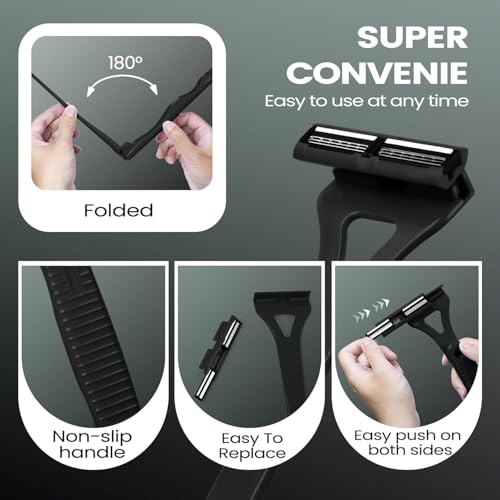 Back Shavers for Men with Foldable Long Ergonomic Handle: DIY Hair Shaver, Replaceable Safety Blade & Portable Razor Groomer for Men, Wet & Dry Shaving - Black (8PCS Blades Included)