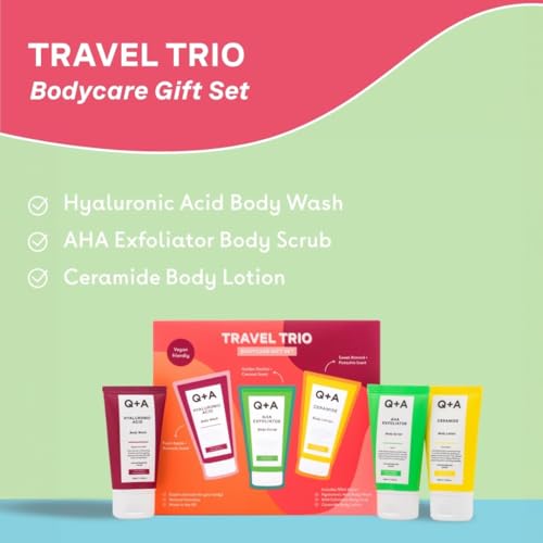 Q+A Travel Trio Body Care Giftset, containing a Hyaluronic Acid Body Wash, AHA Exfoliator Body Scrub, and a Ceramide Body Lotion, each item 50ml