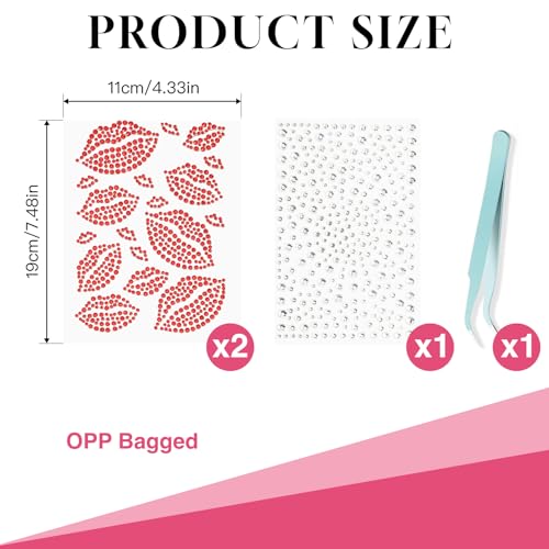 Red Face Gems Self-Adhesive Face Jewels, Red Lip Hair Gems & Festival Kiss Stickers, Face Rhinestone Stickers for Makeup, Eye, Hair, Body, Rave Accessories (Kids & Women)
