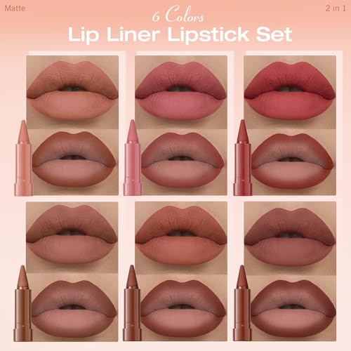 Brown Lip Liner Set 6 Colors 2 in 1 Gradient Lip Liner and Lipstick Combo Long lasting Dark Brown Red Creamy Lip Pencil Contour Matte Lipstick for Women Smooth High Pigmented Crayon Cone Tip