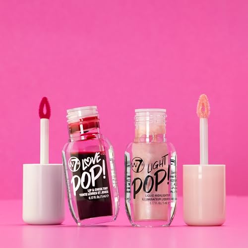 W7 Pop Duo Makeup Set - Love Pop Lip & Cheek Tint + Light Pop Liquid Highlighter - Buildable Colour, Juicy Tint & Glow