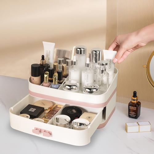 Large Makeup Organizer Countertop, Stackable Vanity Organizer with Drawer Cosmetic Organizer Tray, Make Up Organizers for Vanity, Makeup Storage Counter(Light Pink)