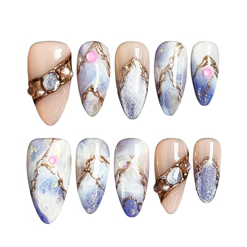 Cosmic Veins 10pcs Press On Nails Long, Blue Purple Marble Glossy Fake Nails with Gem & Golden Veins, Artistic Acrylic/UV Gel Luxury Press-On Nails Set for Women (Multicolor, S)