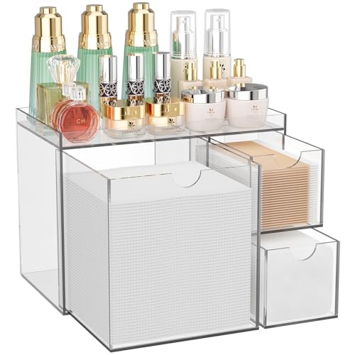 Youdepot Acrylic Face Towel Holder with Drawer ? 4-Layer Disposable Face Towel Holder Organizer Box ? Bathroom Countertop Storage for Cotton Pads, Swabs, and Skincare(Clear)
