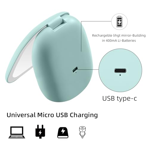 Compact Magnifying Travel Makeup Mirror with LED Light - 3.5 inches 1X/10X Magnification Small Hand Pocket Dimmable Double Sided USB Rechargeable Touch Screen, Portable Tabletop Cosmetic (Green)