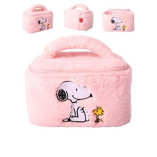 SALLY ROSE Peanuts Snoopy Pink Make Up Bag Official License, Plush Woodstock and Snoopy Cosmetic Bag, Mother's Day Gifts