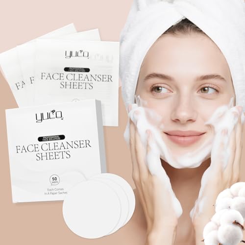 YUCO Travel Face Wash Cleanser Sheets 50 Sheets,Individual Sachet,for Facial Washing,Cloud Cotton Scent,Face Soap For Gym,Camping,Vacation,Hotels,Hospital,Business Trip,Flight Travel Essentials