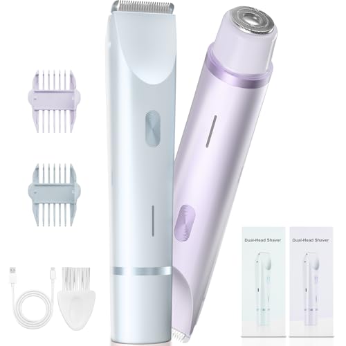 2-in-1 Bikini Trimmer for Women ? Dual Head Electric Shaver for Pubic, Facial & Body Hair, IP67 Waterproof Razor with Stainless Steel Blades & Rechargeable Battery (Petal Pink + Sky Blue)
