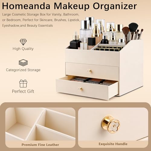 Homeanda Makeup Organizer with Drawers, PU Leather Cosmetic Storage Box Large Cosmetic Display Case for Skincare, Lipstick, Brushes, Bedroom Storage(Beige)