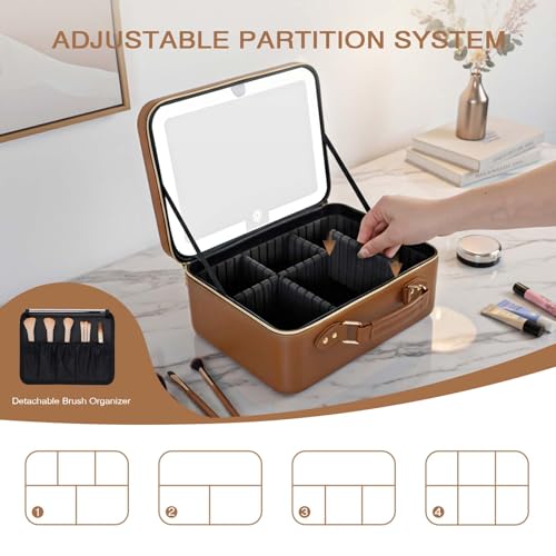 Prite Makeup Bag With LED Mirror 3 Light Modes Adjustable Brightness, Travel Cosmetic Train Case with Adjustable Dividers & Brush Holder, Portable Makeup Artist Organizer Bag for Women(Brown)