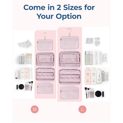 BAGSMART Travel Toiletry Bag with Jewelry Organizer, Hanging Travel Bag for Toiletries, Puffy Makeup Cosmetic Bag Organizer, Carry-on Travel Accessories Essentials, Pink-L
