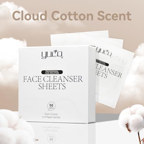 YUCO Travel Face Wash Cleanser Sheets 50 Sheets,Individual Sachet,for Facial Washing,Cloud Cotton Scent,Face Soap For Gym,Camping,Vacation,Hotels,Hospital,Business Trip,Flight Travel Essentials