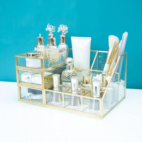JIARI Glass Makeup Organizer with Drawer, Gold Frame Jewelry Display Box, Nordic Style Cosmetic Storage for Vanity Bathroom Bedroom Office, 10.23x6.29x5.11 Inches (Storage Box-A32)