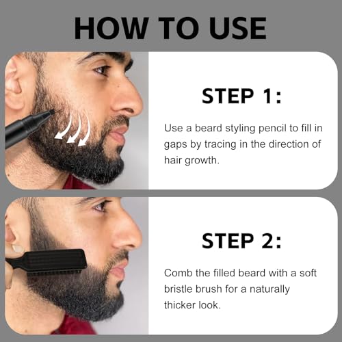 Beard Pencil Filler for Men, Double Head 4 Forks Grooming Beard Pen, Fast Fill Thin Beard, Water & Sweat Resistant, Long-Lasting Black Beard Shaping Kit, Creates a Naturally Thicker Beard