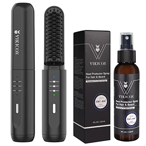 VIKICON Father's Day Gift Set for Men with Beard Hair Straightener & Heat Protectant Spray, Mini & Auto Shut Off Cordless Beard Brush