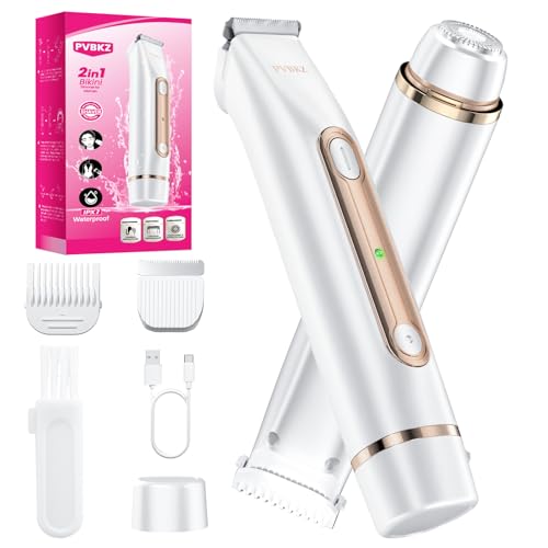 Bikini Trimmer for Women, 2-in-1 Painless Electric Razor for Body and Pubic Hair, IPX7 Waterproof Shaver with Dual Heads - Rechargeable Lady Trimmer for Bikini, Underarm, and Leg (White)