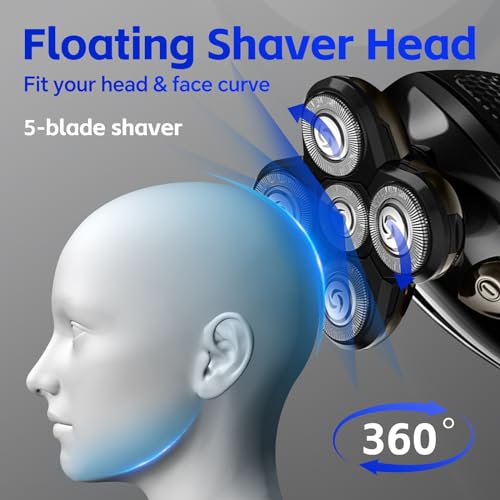 Bald Head Shaver,Electric Head Shavers for Bald Men, 5-in-1 Head and Face Grooming Kit, Waterproof Cordless Rotary Razor and USB Rechargeable,Gifts for Men