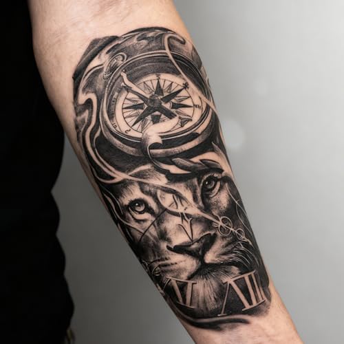 2 Sheets Realistic Animal Temporary Tattoos Stickers Gray Compass Lion Designs For Men Waterproof Arm Leg Fake Body Art, Gym & Parties Bold Masculine Decals