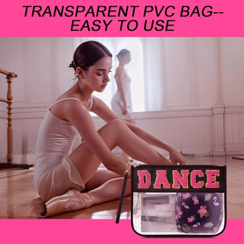2PCS Dance Makeup Bag Ballet Competition Accessories Chenille Letter Preppy Patch Cosmetic Bag Flat Clear Toiletry Waterproof Zipper Pouch for Women Teacher Appreciation Gifts (Black)