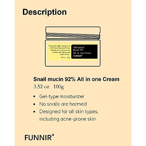 Snail Mucin Moisturizer 92%, Lightweight Moisturing Cream, 100g, Youthful and Radiant Formula, Repair Face Cream for All Skin Types, Skincare Products