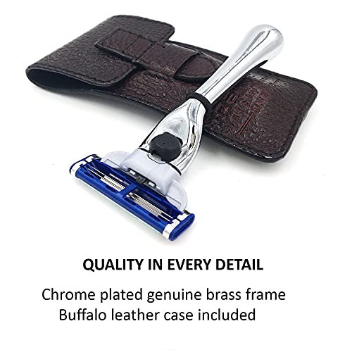Parker Travel Razor ? Compatible with Gillette¢ç Mach3¢ç Cartridges ? Compact Chrome Brass Handle with Premium Buffalo Leather Case for Men¡¯s Grooming & Travel