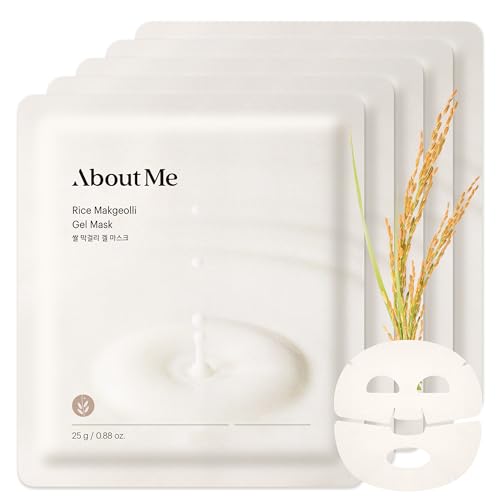 About Me Rice Makgeolli Hydrogel Mask - Real Powder Embedded Gel Sheet, Galactomyces & Niacinamide, Fermented Rice Glass Skin Glow, Non-Drip Vegan Korean Face Mask, Dry Sensitive Skin, 5 Sheets