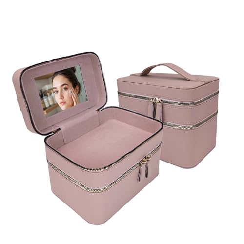 Hard Shell Double Layer Makeup Train Case with Mirror, Large Capacity Travel Cosmetic Organizer, Water-Resistant PU Leather Toiletry Bag for Women