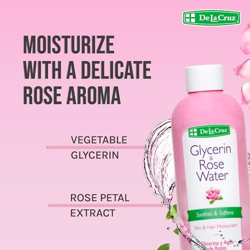 De La Cruz Rose Water and Glycerin for Face - Rosewater Facial Toner and Moisturizer for Skin and Hair 8 fl oz (236 mL) - 12 Bottles