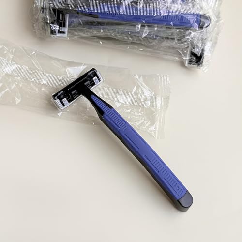 Individually Wrapped 3 Blades Razors Bulk, Travel Size Disposable Manual Razors with Stainless Steel Blade (Blue) (100)