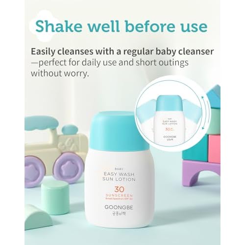 GOONGBE Baby Easy Wash Sun Lotion SPF 30 - Korean Moisturizing Zinc Oxide Mineral Sunscreen for Babies and Kids - Washes Off Easily - Vegan, Reef-Safe, Allergen-Free, 2.11 fl.oz.