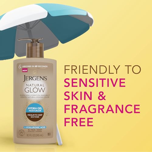 Jergens Natural Glow Hydra Gel Moisturizer, Hyaluronic Acid Tanning Lotion, Hydrating Tanning Gel, Fragrance-Free Self Tanner, 8.3 Fl Oz