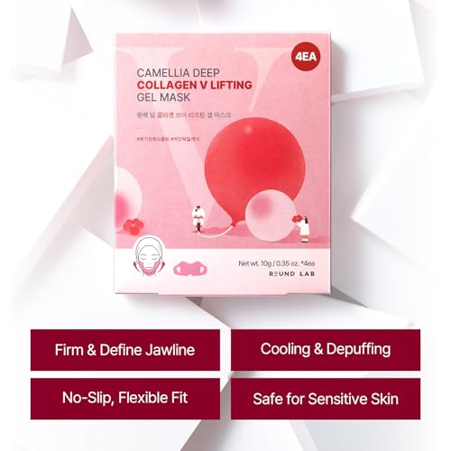 ROUND LAB Camellia Deep Collagen V Lifting Gel Mask 14ea | Double-chin Turkey Neck Instant Face Lifting Mask, Cooling and Depuffing Face Toning Belt, Firming Sagging Skin, Korean Skin Care, 10g/0.35oz