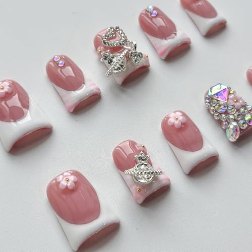 Luxury Press on Nails Short Duck Handmade 3D Unique Reusable ABS Material Fake Nails White French Tip False Nails with Designs Pink Flower Rhinestones Glossy Glue on Nail Thick Acrylic Nail(S)
