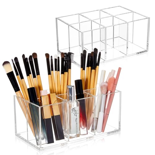 Zhehao 2 Pack Clear Acrylic Makeup Brush Holder Organizer, 6-slot Cosmetic Storage Organizer Pencil Holder for Vanity, Countertop & Desk, Transparent Makeup Brush Stand for Brushes, Lipsticks & Pens